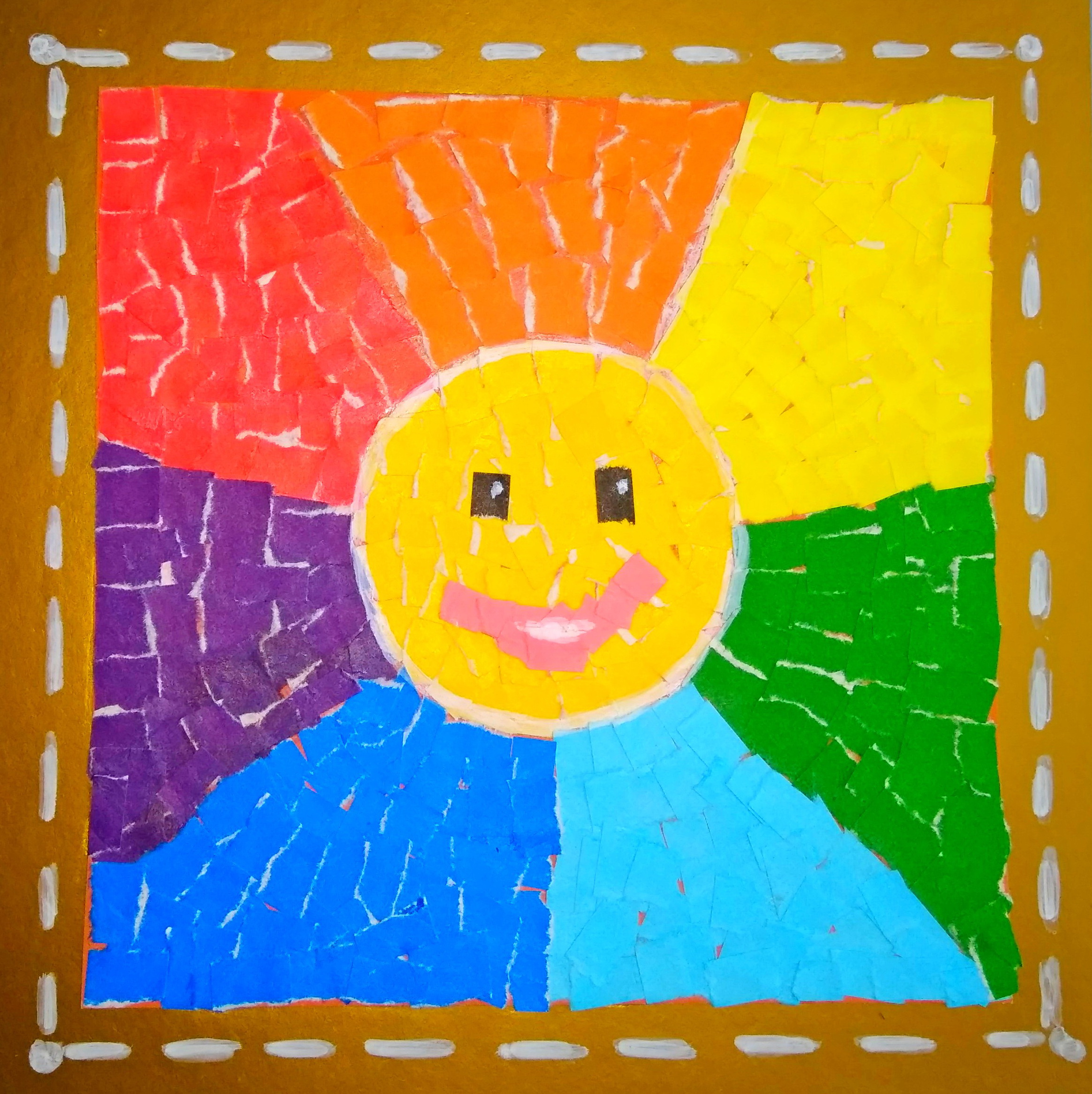 «Радужное настроение»: поделка в технике обрывная аппликация. Материалы: цветной картон, цветная бумага, клей.